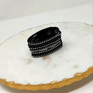 Black soft faux leather silver studded snap cuff bracelet